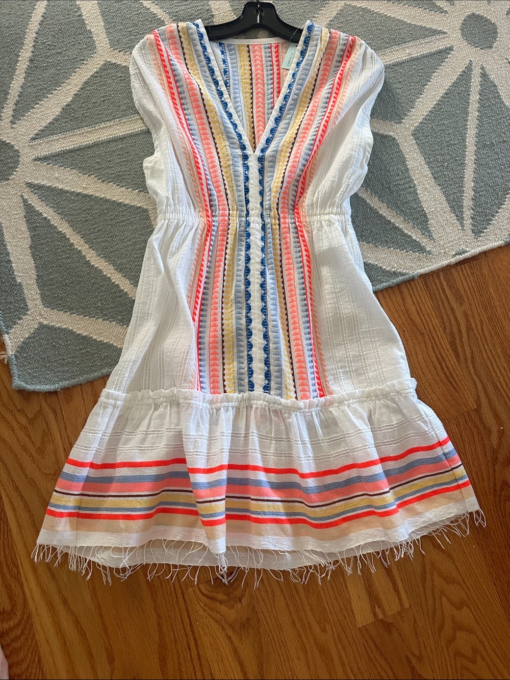 Lemlem Tutti Fruity White Cotton Dress with Pink, Blue & Yellow Embroidery
